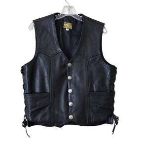 Protech Leather Apparel Mens Black Biker Vest Buffalo Nickel Snaps‎ Lace Up M